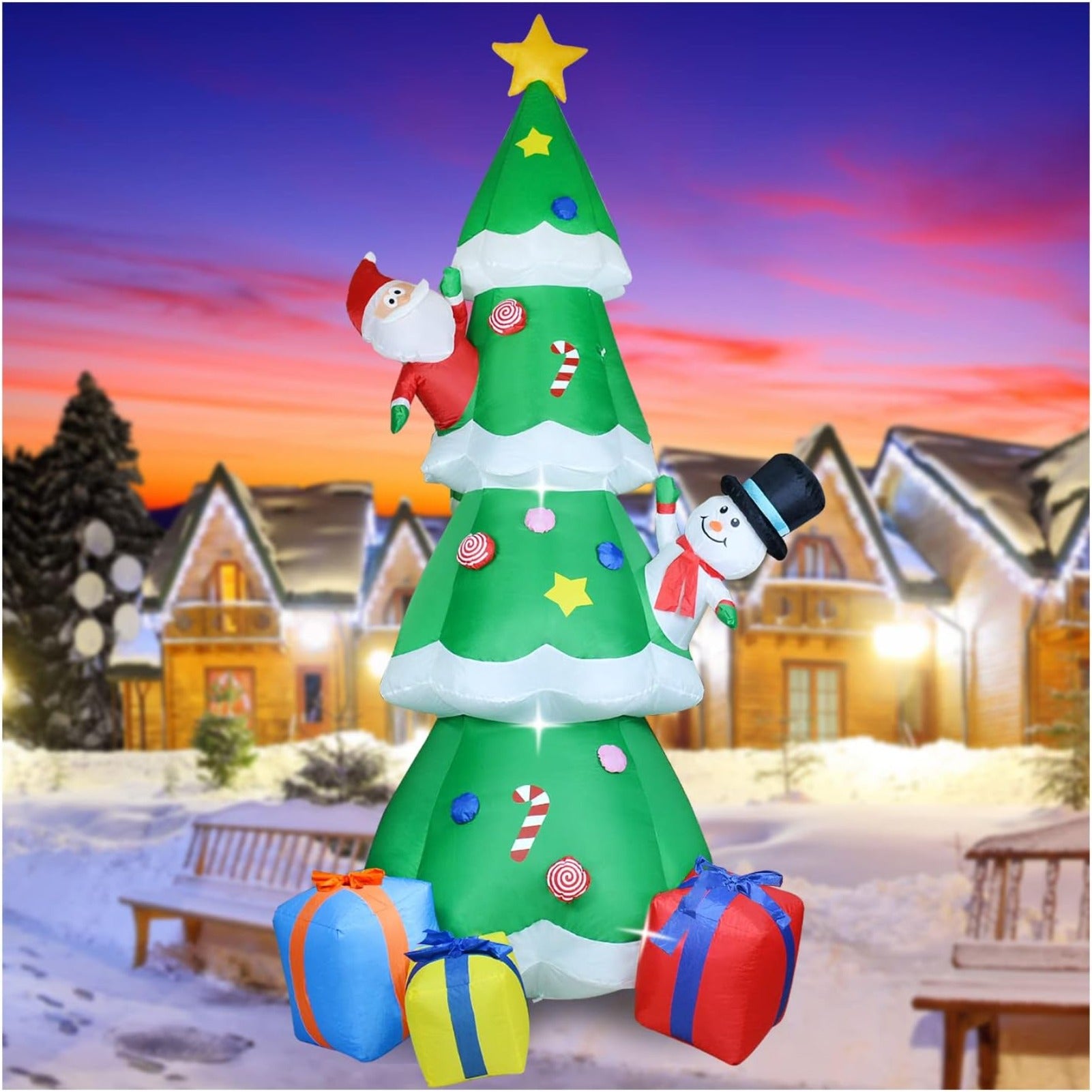 9FT Christmas Inflatable Tree with Built-in LED Lights, Large Blow Up Christmas Decoration with Star and Multicolor Gift Boxes for Indoor Outdoor Yard Garden Lawn Party Decor