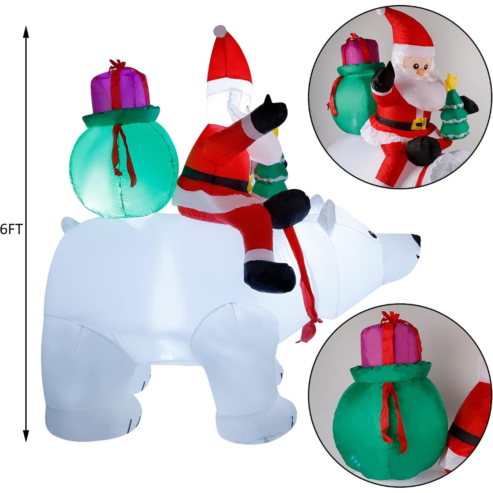 6 Ft Christmas Inflatable Santa Claus with Polar Bear and Tree, Made of Thick 210T Waterproof Polyester, Built-in LED Lights for Yard Lawn Garden Holiday Decor