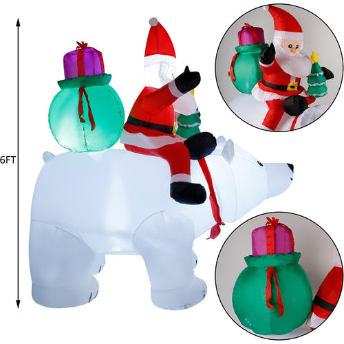 6 Ft Christmas Inflatable Santa Claus with Polar Bear and Tree, Made of Thick 210T Waterproof Polyester, Built-in LED Lights for Yard Lawn Garden Holiday Decor
