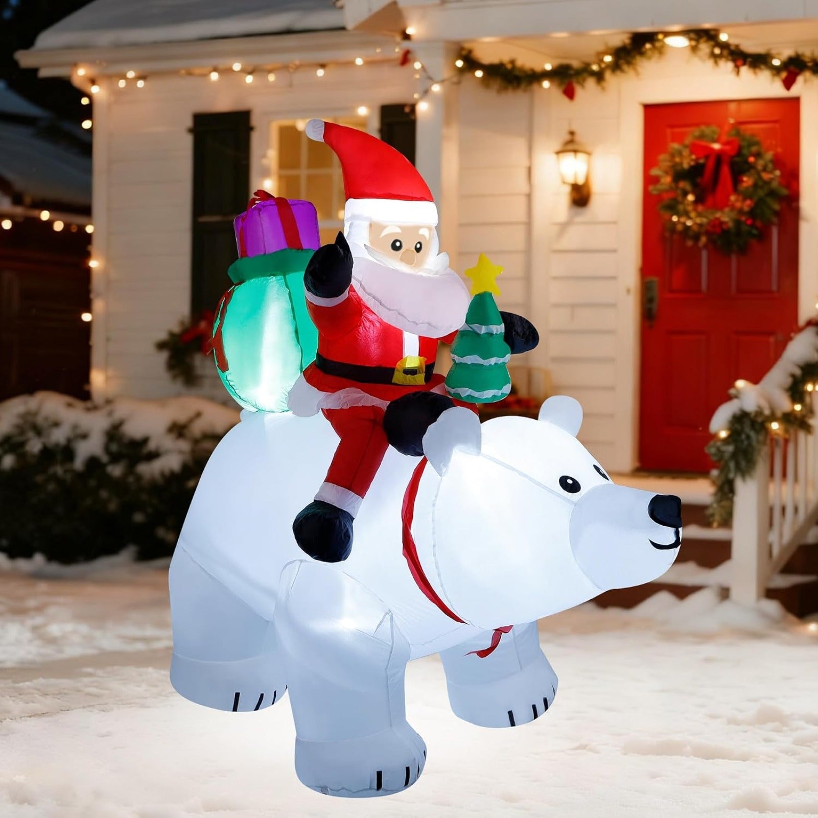6 Ft Christmas Inflatable Santa Claus with Polar Bear and Tree, Made of Thick 210T Waterproof Polyester, Built-in LED Lights for Yard Lawn Garden Holiday Decor