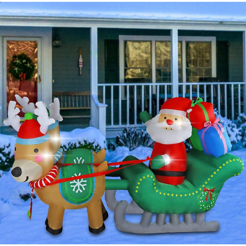 6.7FT Christmas Inflatable Santa Sleigh with Two Reindeer and Gift Boxes, Built-in LED Lighted Blow Up Decoration for Yard Lawn Garden Outdoor Holiday Display
