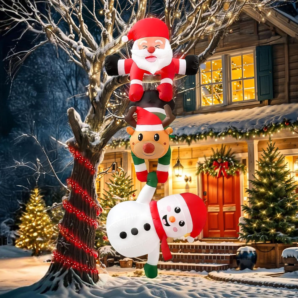 8FT Hanging Christmas Inflatable Decoration, Climbing Santa Claus with Reindeer and Snowman, Made of Thick Waterproof Polyester for Roof Tree Beam Indoor Outdoor Party Decor