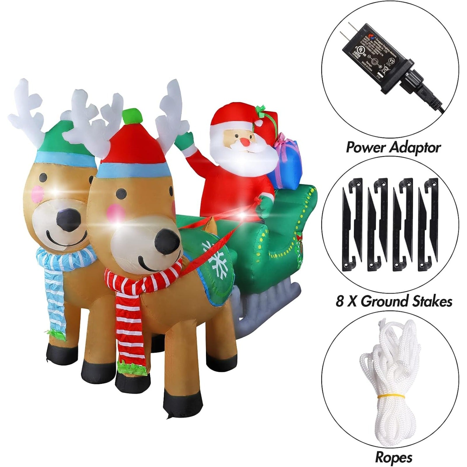 6.7FT Christmas Inflatable Santa Sleigh with Two Reindeer and Gift Boxes, Built-in LED Lighted Blow Up Decoration for Yard Lawn Garden Outdoor Holiday Display
