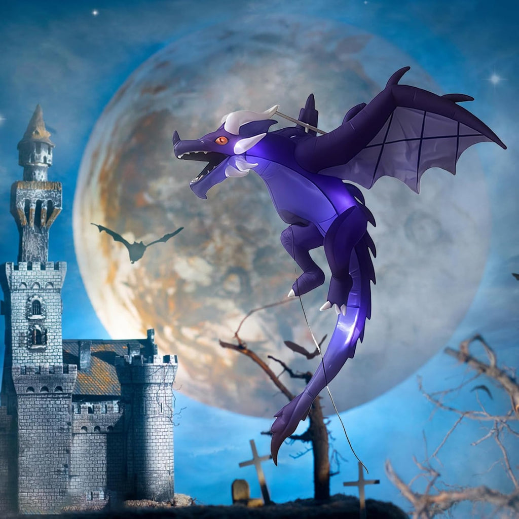 Halloween Hanging Inflatable Fire Dragon Decor, Made of Thick Waterproof Polyester with Warm White LED Lights, Blow Up Flying Dragon for Indoor Outdoor Party Yard Decoration