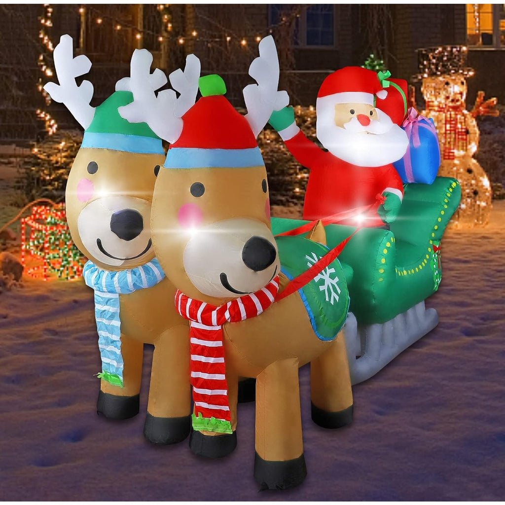 6.7FT Christmas Inflatable Santa Sleigh with Two Reindeer and Gift Boxes, Built-in LED Lighted Blow Up Decoration for Yard Lawn Garden Outdoor Holiday Display
