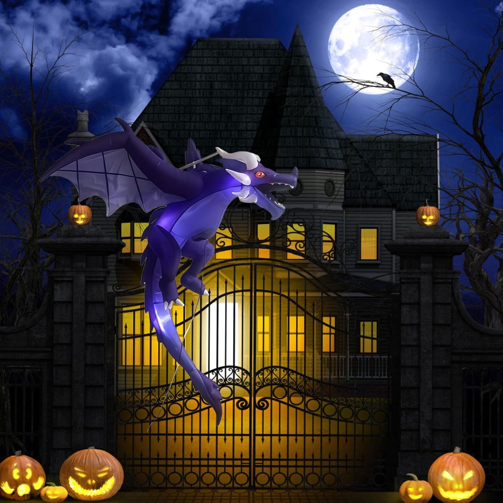 Halloween Hanging Inflatable Fire Dragon Decor, Made of Thick Waterproof Polyester with Warm White LED Lights, Blow Up Flying Dragon for Indoor Outdoor Party Yard Decoration