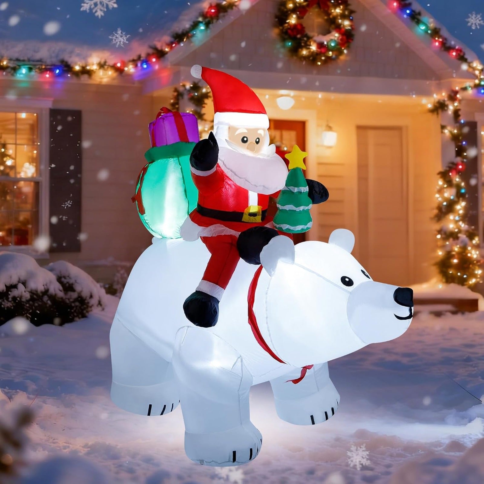 6 Ft Christmas Inflatable Santa Claus with Polar Bear and Tree, Made of Thick 210T Waterproof Polyester, Built-in LED Lights for Yard Lawn Garden Holiday Decor