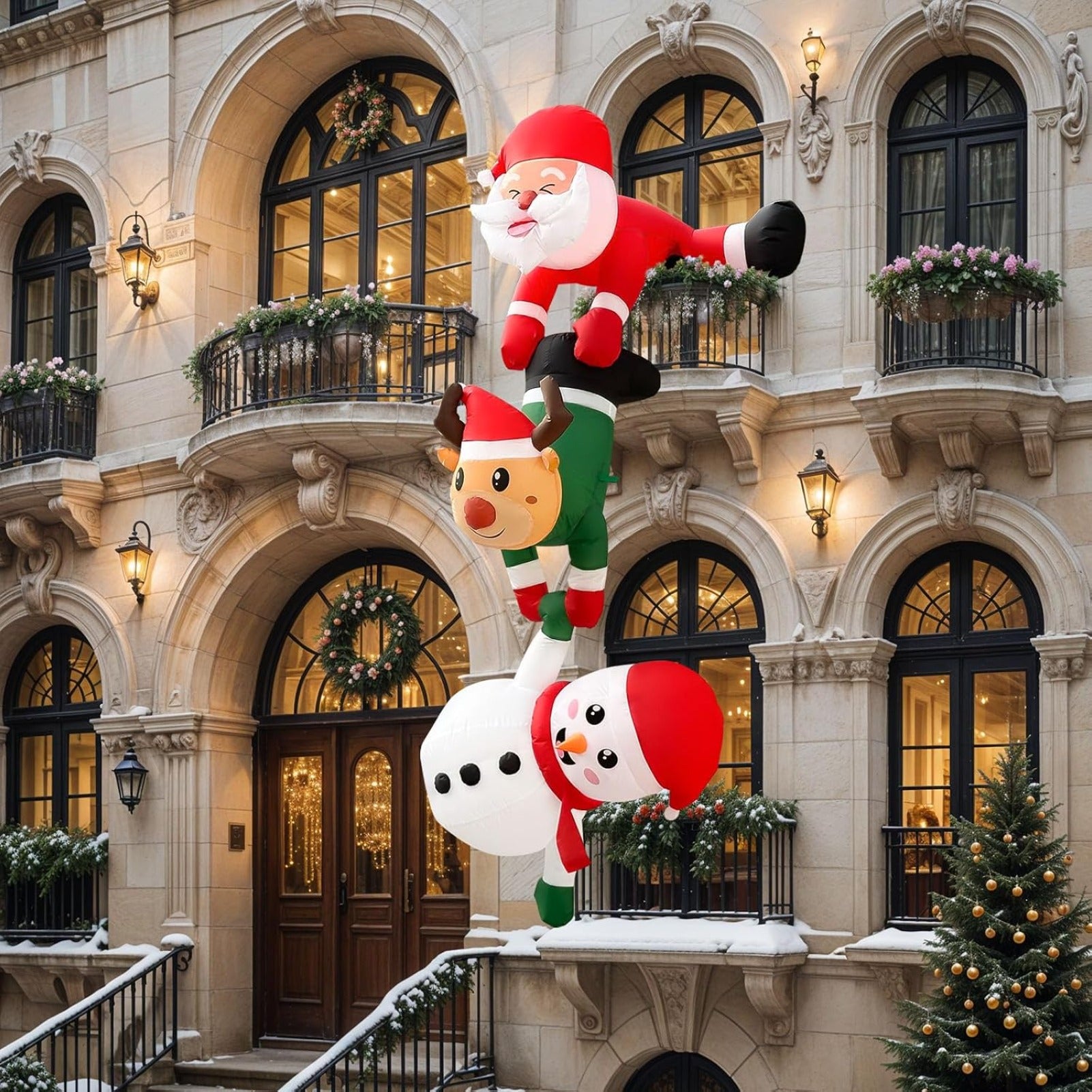 8FT Hanging Christmas Inflatable Decoration, Climbing Santa Claus with Reindeer and Snowman, Made of Thick Waterproof Polyester for Roof Tree Beam Indoor Outdoor Party Decor