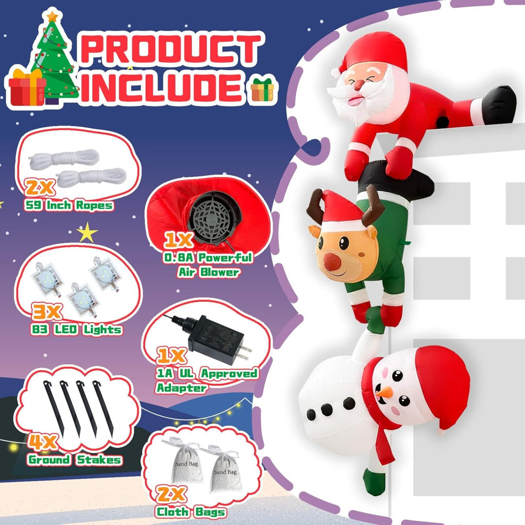 8FT Hanging Christmas Inflatable Decoration, Climbing Santa Claus with Reindeer and Snowman, Made of Thick Waterproof Polyester for Roof Tree Beam Indoor Outdoor Party Decor