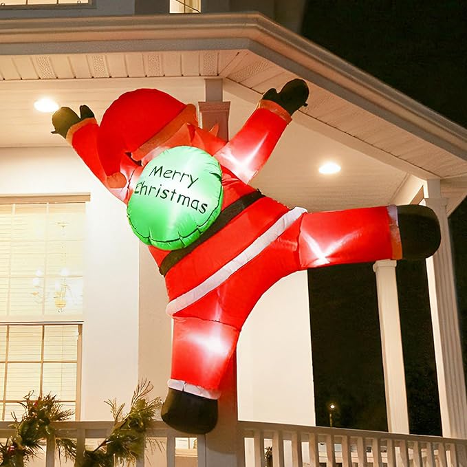 6FT Christmas Hanging Inflatable Santa Claus with Gift Bag and Built-in LED Lights, Blow Up Roof Decoration for Indoor Outdoor Yard Lawn Party Decor