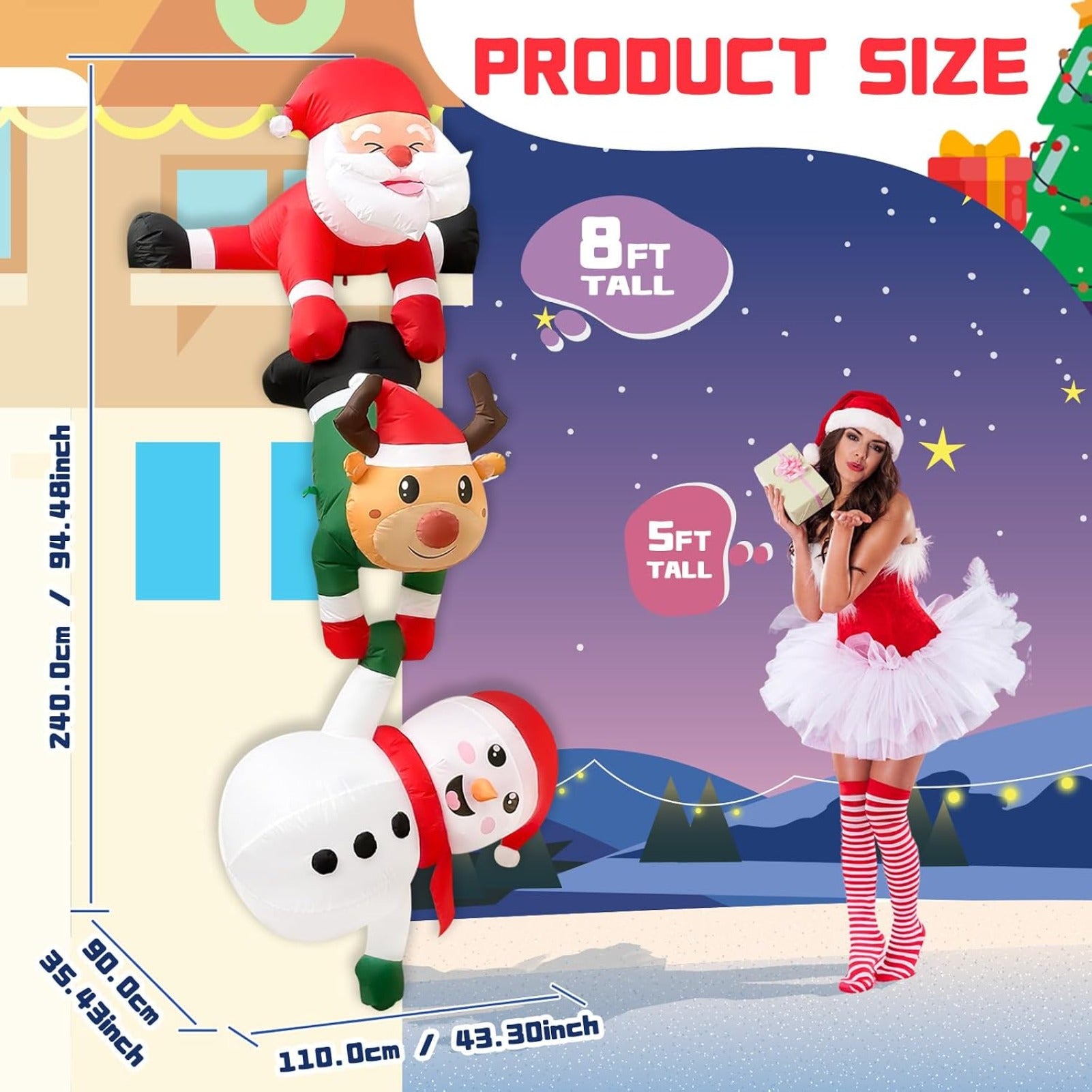 8FT Hanging Christmas Inflatable Decoration, Climbing Santa Claus with Reindeer and Snowman, Made of Thick Waterproof Polyester for Roof Tree Beam Indoor Outdoor Party Decor