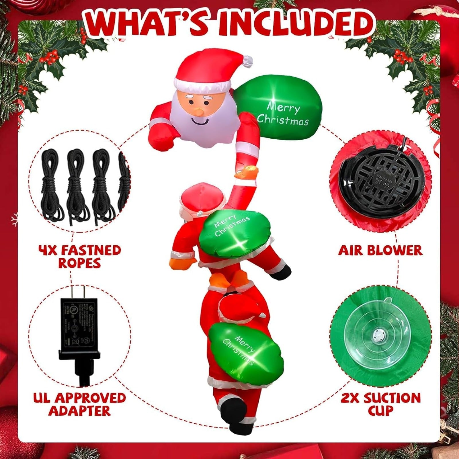 8FT Christmas Hanging Inflatable Climbing Santa Claus with Built-in LED Lights, Large Blow Up Xmas Decoration for Indoor Outdoor Yard Garden Lawn Holiday Party Decor