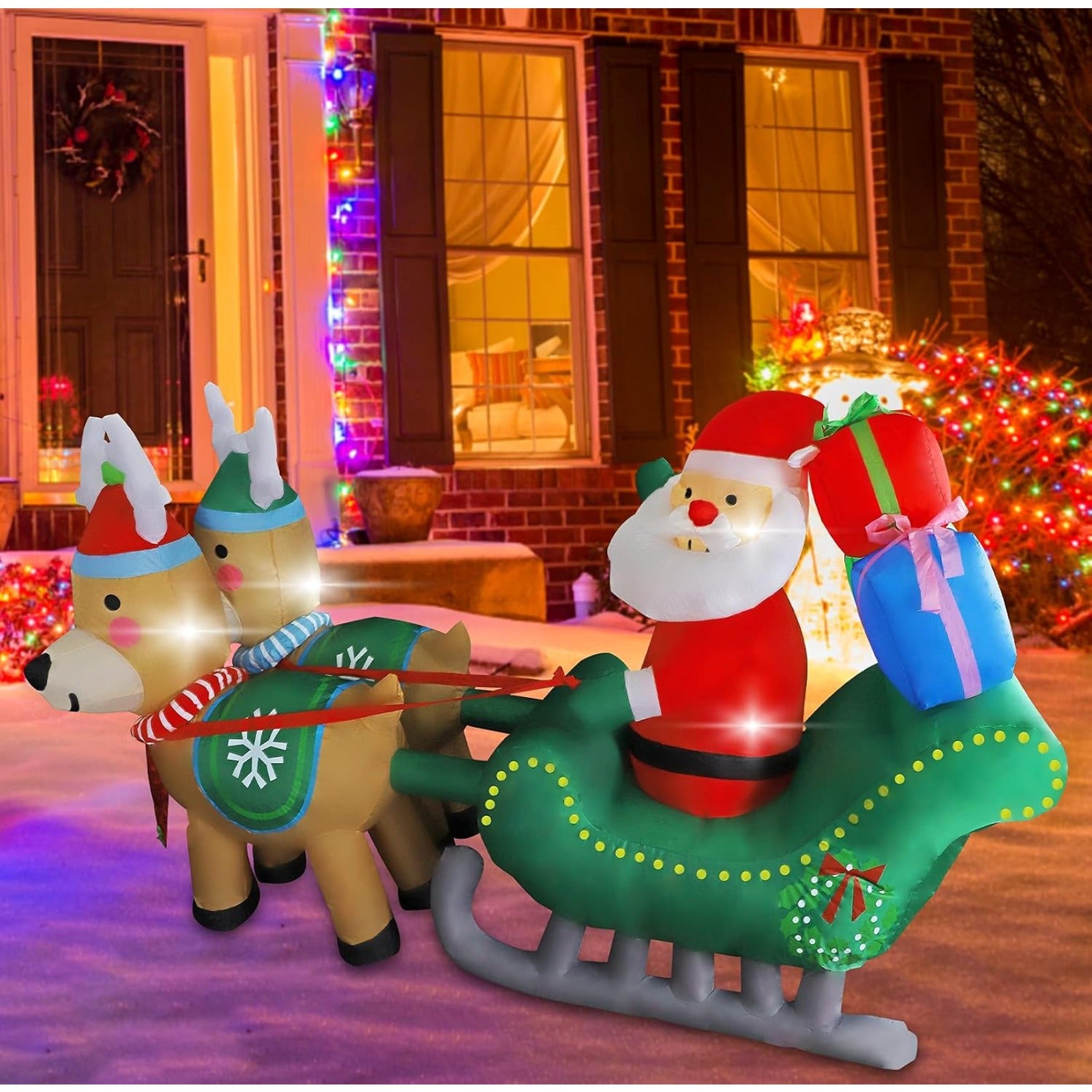 6.7FT Christmas Inflatable Santa Sleigh with Two Reindeer and Gift Boxes, Built-in LED Lighted Blow Up Decoration for Yard Lawn Garden Outdoor Holiday Display
