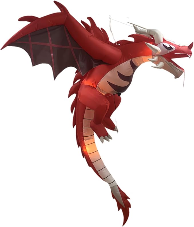 Halloween Hanging Inflatable Fire Dragon Decor, Made of Thick Waterproof Polyester with Warm White LED Lights, Blow Up Flying Dragon for Indoor Outdoor Party Yard Decoration