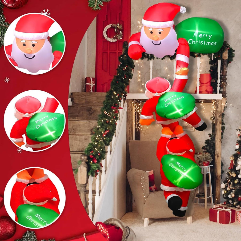 8FT Christmas Hanging Inflatable Climbing Santa Claus with Built-in LED Lights, Large Blow Up Xmas Decoration for Indoor Outdoor Yard Garden Lawn Holiday Party Decor