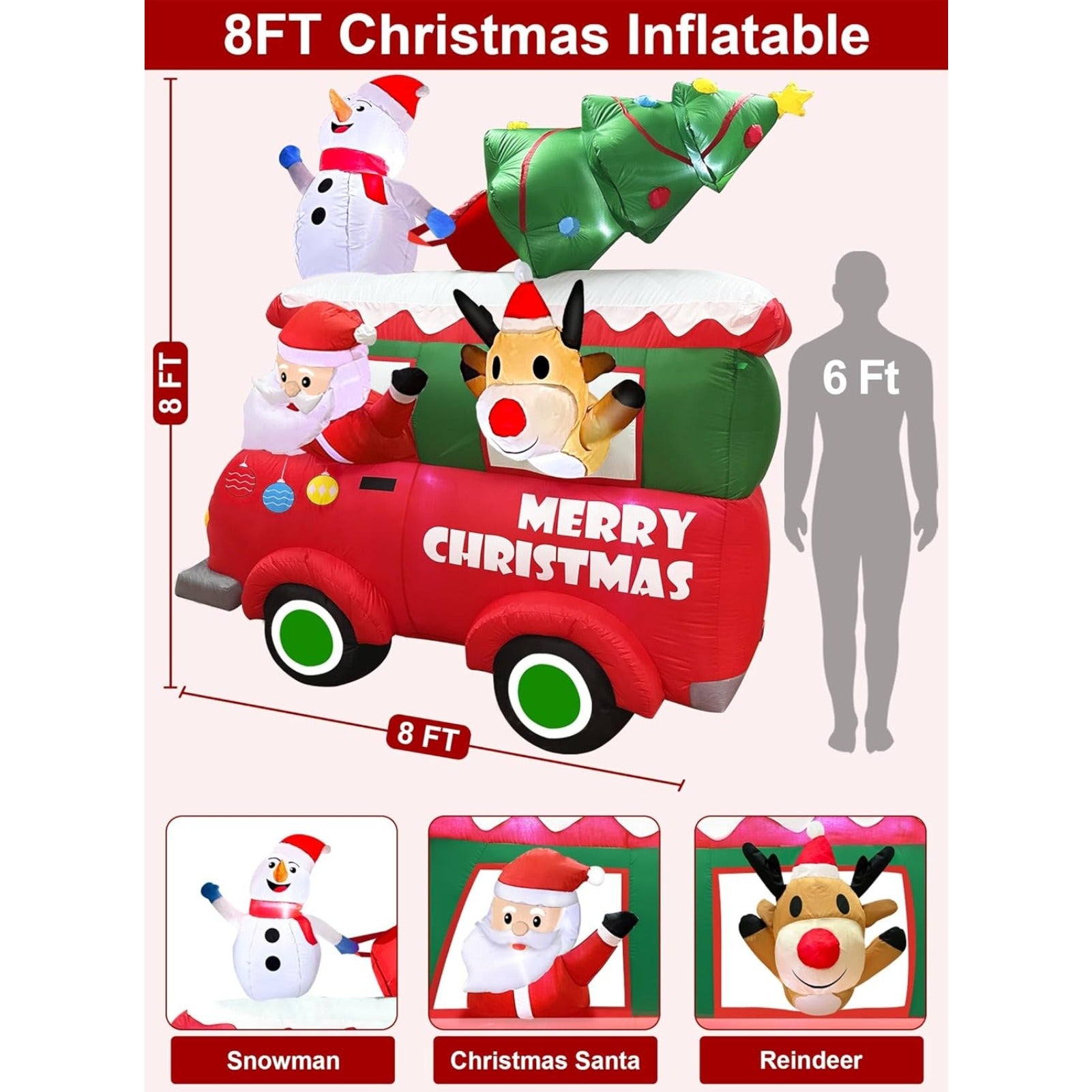 8FT Giant Christmas Inflatable Truck with Santa, Snowman, Reindeer and Christmas Tree, Built-in LED Lighted Blow Up Outdoor Decoration for Yard Lawn Garden Holiday Display