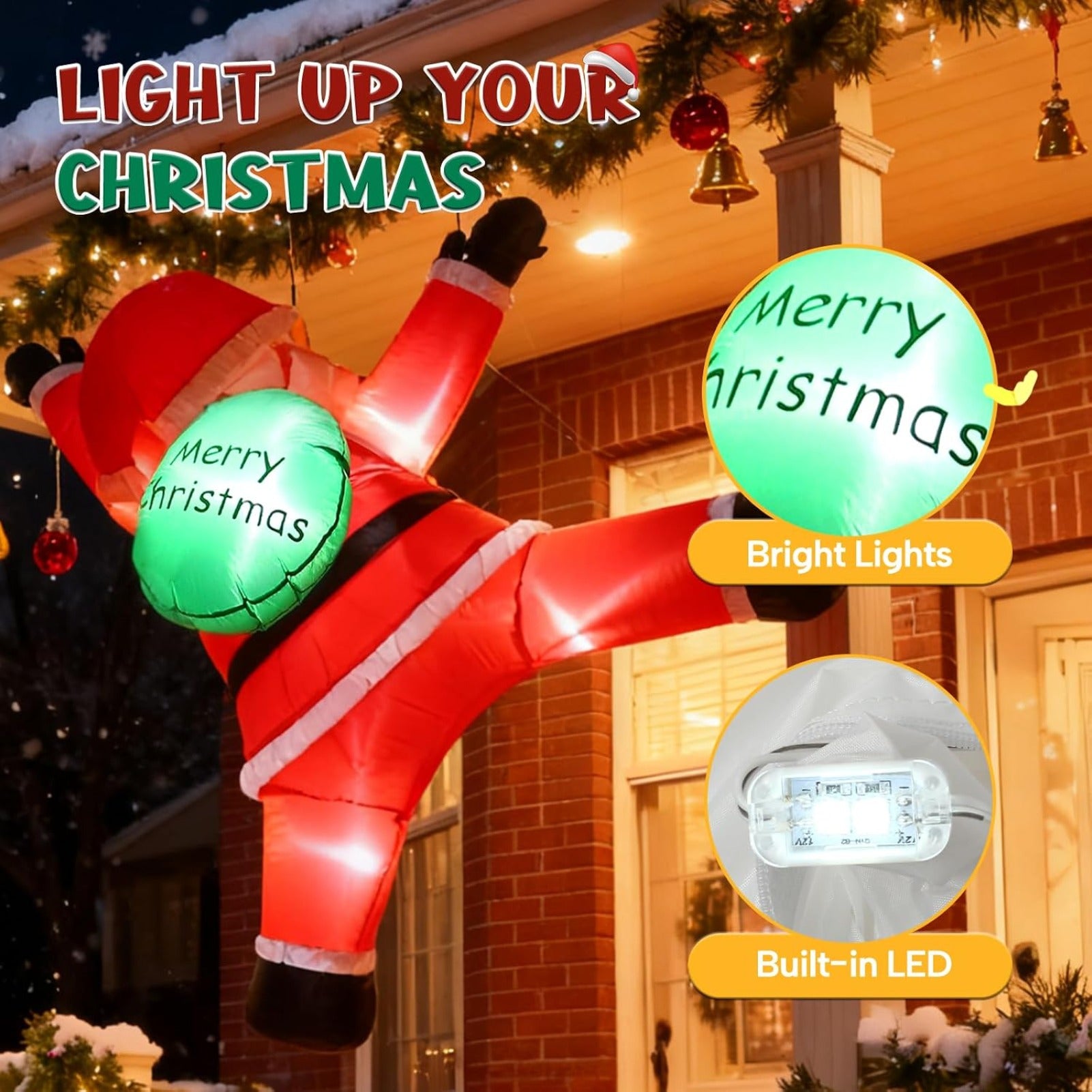 6FT Christmas Hanging Inflatable Santa Claus with Gift Bag and Built-in LED Lights, Blow Up Roof Decoration for Indoor Outdoor Yard Lawn Party Decor