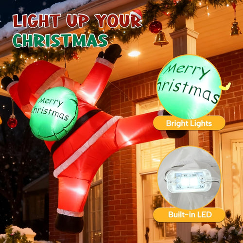 6FT Christmas Hanging Inflatable Santa Claus with Gift Bag and Built-in LED Lights, Blow Up Roof Decoration for Indoor Outdoor Yard Lawn Party Decor