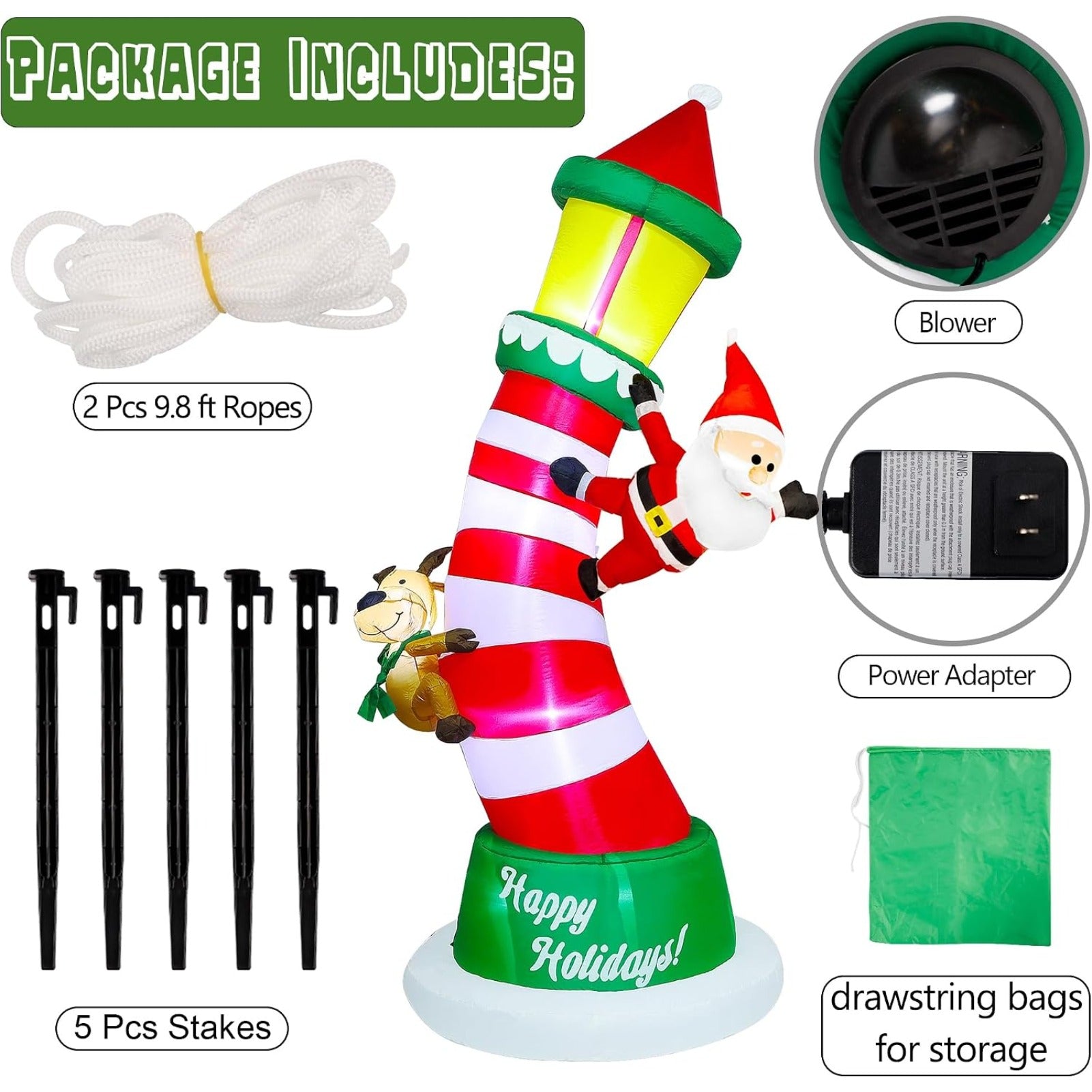9FT Giant Christmas Inflatable Lighthouse with Santa and Reindeer, Built-in LED Lighted Blow Up Yard Decoration with Drawstring Sandbags for Stable Outdoor Lawn Garden Holiday Display
