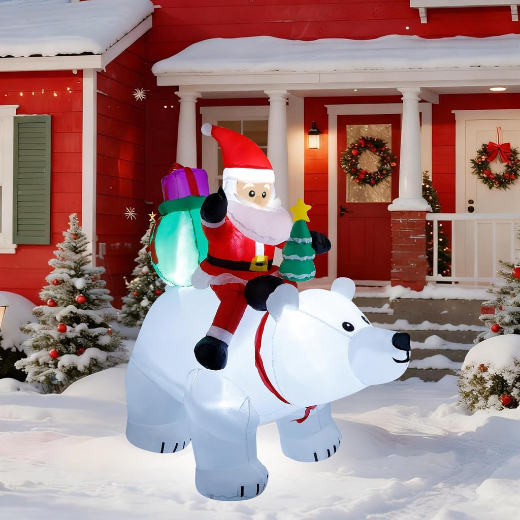 6 Ft Christmas Inflatable Santa Claus with Polar Bear and Tree, Made of Thick 210T Waterproof Polyester, Built-in LED Lights for Yard Lawn Garden Holiday Decor