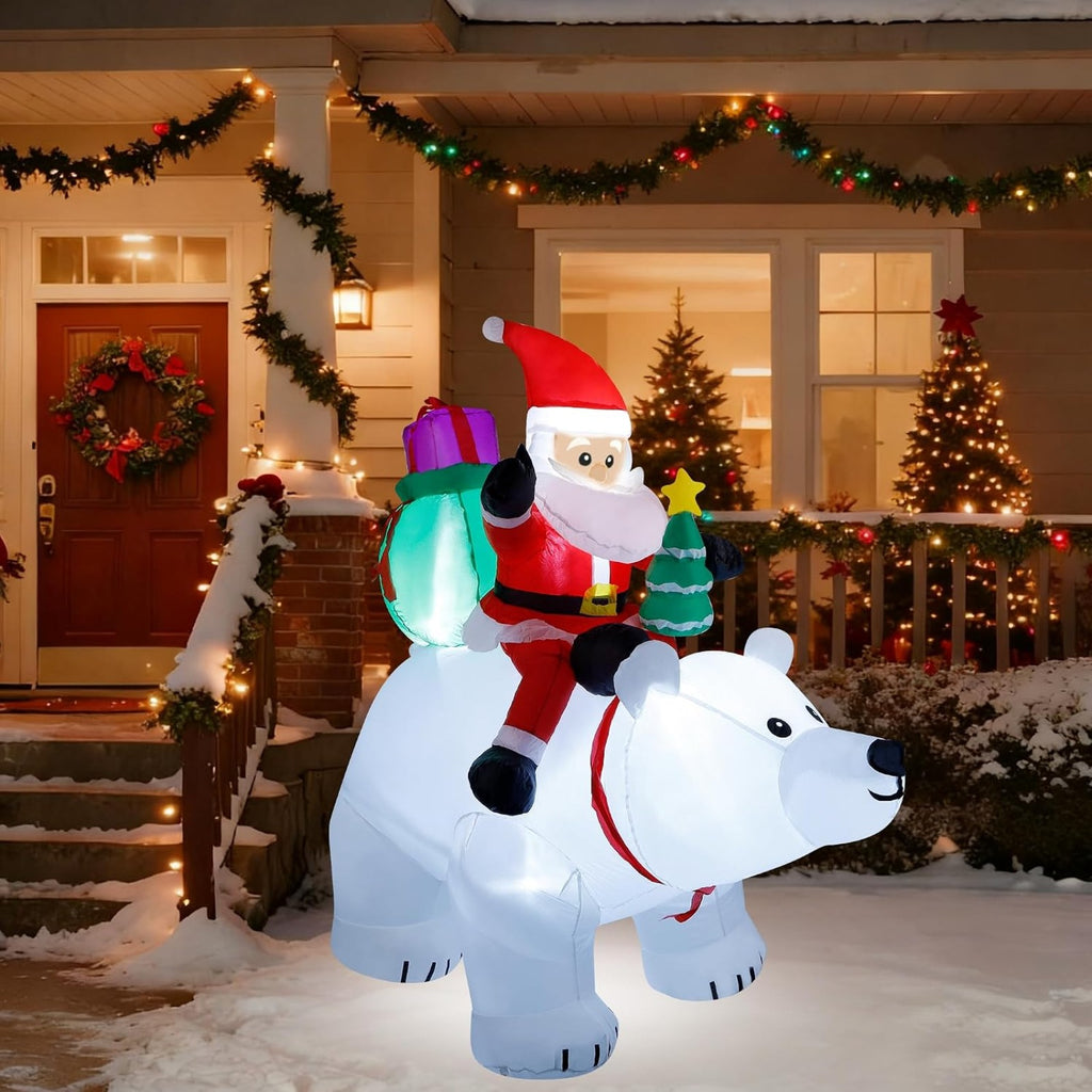 6 Ft Christmas Inflatable Santa Claus with Polar Bear and Tree, Made of Thick 210T Waterproof Polyester, Built-in LED Lights for Yard Lawn Garden Holiday Decor