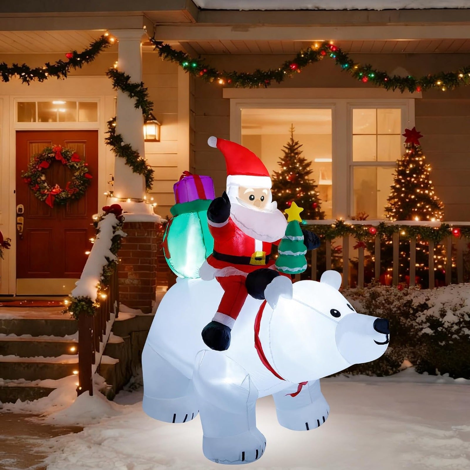 6 Ft Christmas Inflatable Santa Claus with Polar Bear and Tree, Made of Thick 210T Waterproof Polyester, Built-in LED Lights for Yard Lawn Garden Holiday Decor