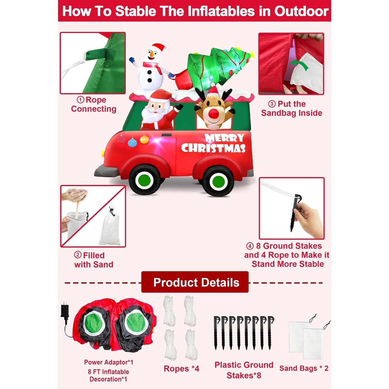 8FT Giant Christmas Inflatable Truck with Santa, Snowman, Reindeer and Christmas Tree, Built-in LED Lighted Blow Up Outdoor Decoration for Yard Lawn Garden Holiday Display