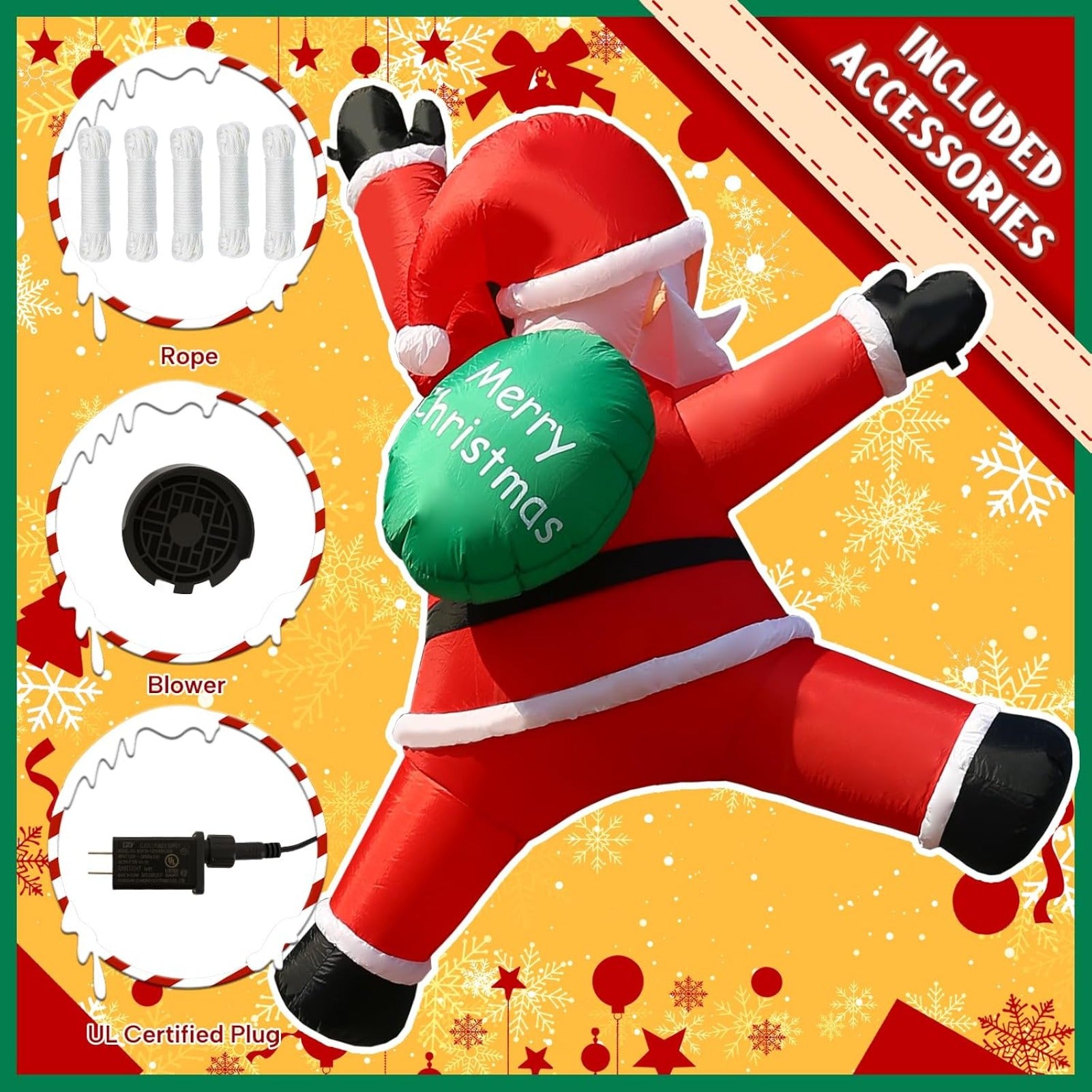 6FT Christmas Hanging Inflatable Santa Claus with Gift Bag and Built-in LED Lights, Blow Up Roof Decoration for Indoor Outdoor Yard Lawn Party Decor