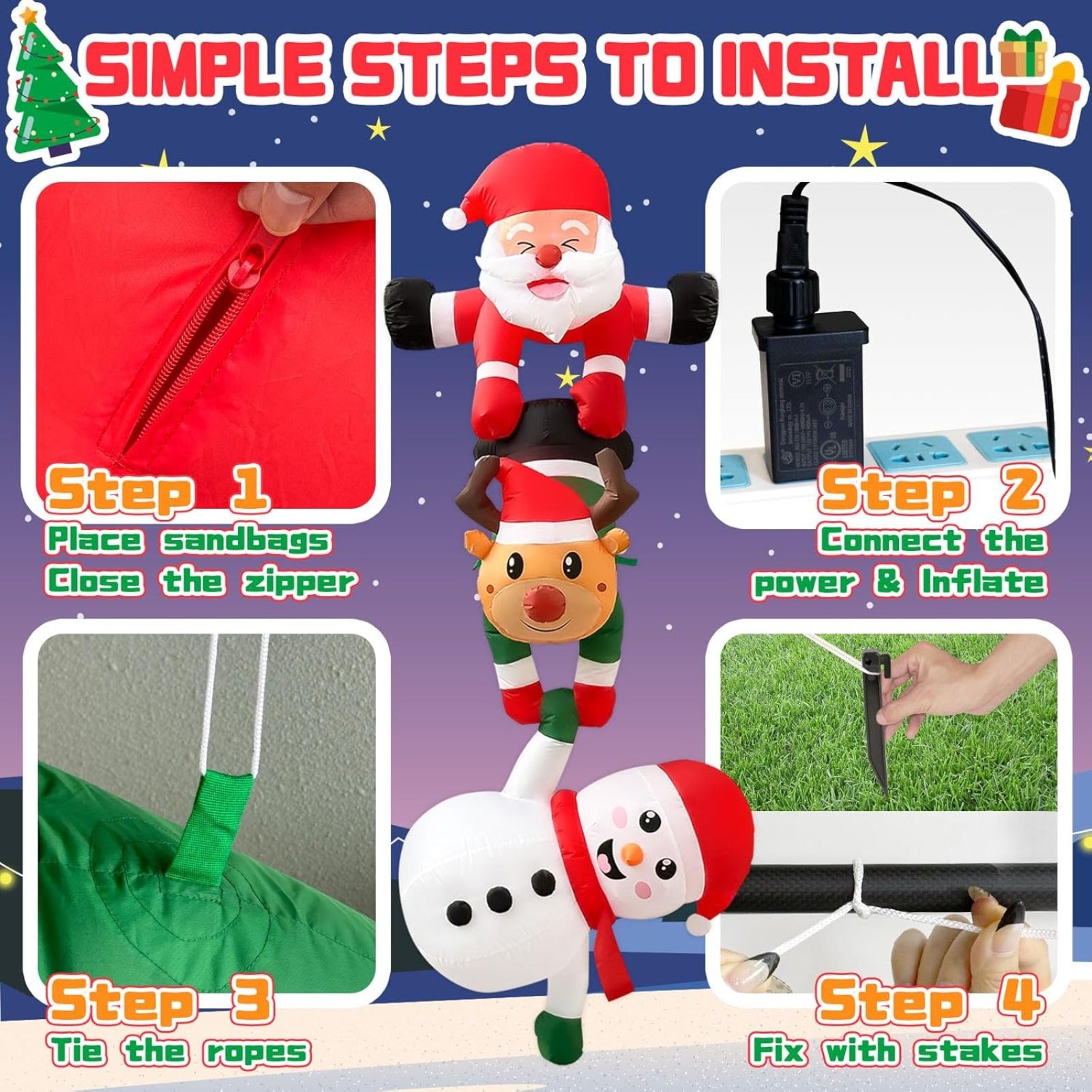 8FT Hanging Christmas Inflatable Decoration, Climbing Santa Claus with Reindeer and Snowman, Made of Thick Waterproof Polyester for Roof Tree Beam Indoor Outdoor Party Decor
