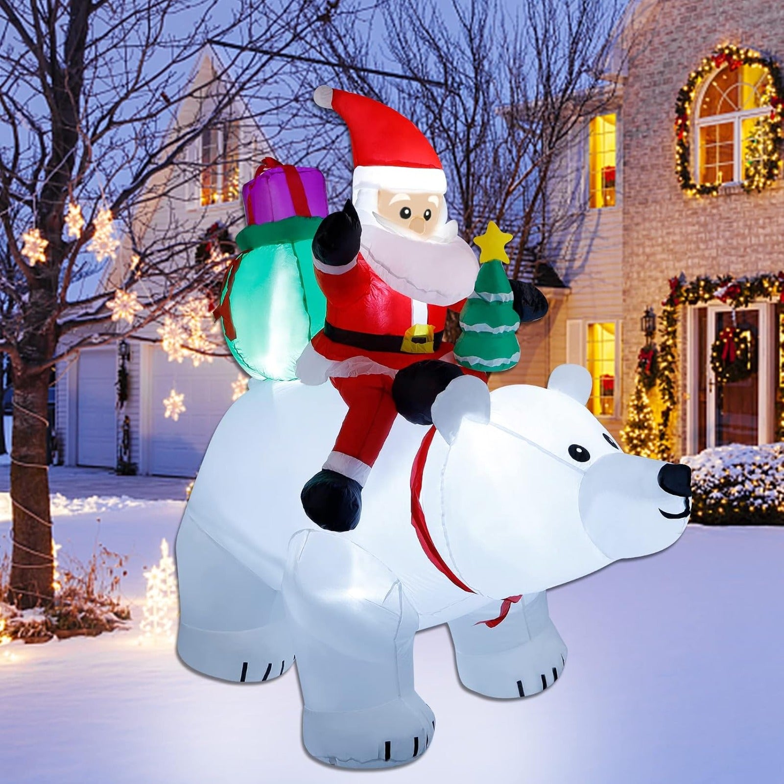 6 Ft Christmas Inflatable Santa Claus with Polar Bear and Tree, Made of Thick 210T Waterproof Polyester, Built-in LED Lights for Yard Lawn Garden Holiday Decor