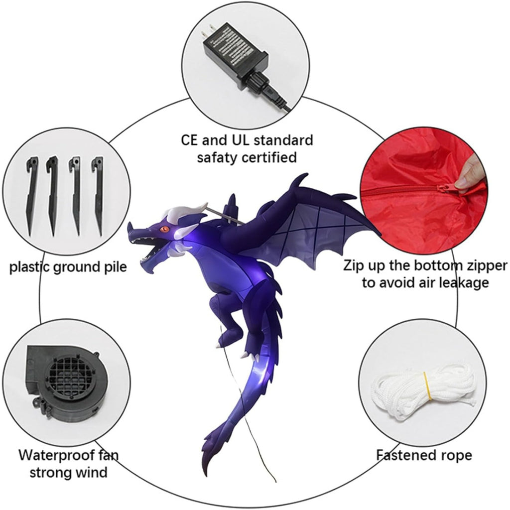 Halloween Hanging Inflatable Fire Dragon Decor, Made of Thick Waterproof Polyester with Warm White LED Lights, Blow Up Flying Dragon for Indoor Outdoor Party Yard Decoration