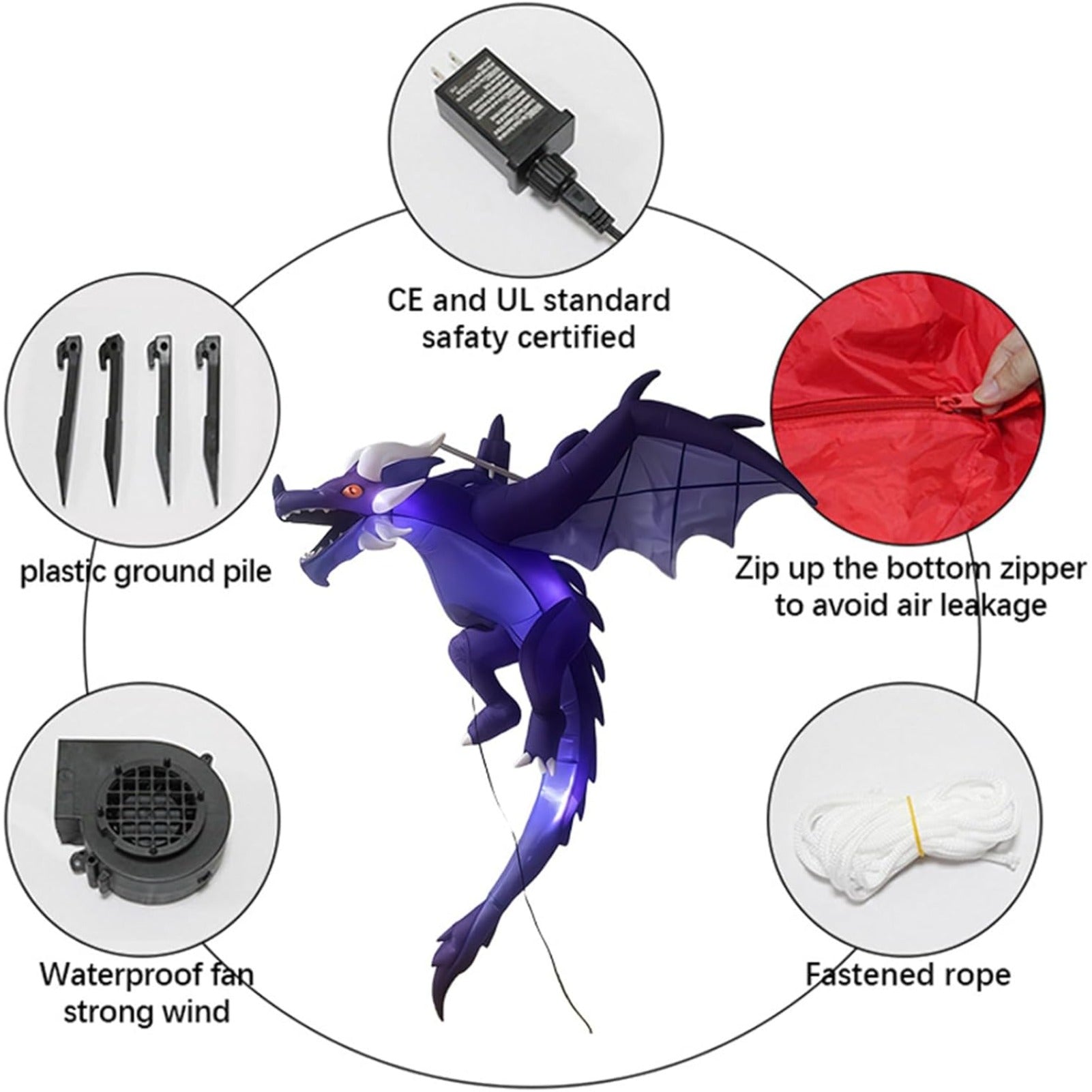Halloween Hanging Inflatable Fire Dragon Decor, Made of Thick Waterproof Polyester with Warm White LED Lights, Blow Up Flying Dragon for Indoor Outdoor Party Yard Decoration