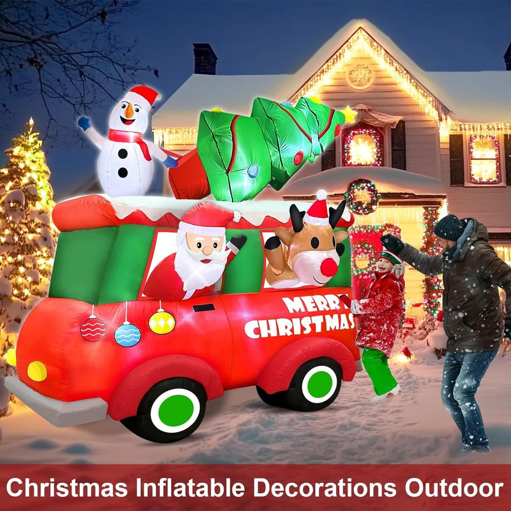 8FT Giant Christmas Inflatable Truck with Santa, Snowman, Reindeer and Christmas Tree, Built-in LED Lighted Blow Up Outdoor Decoration for Yard Lawn Garden Holiday Display