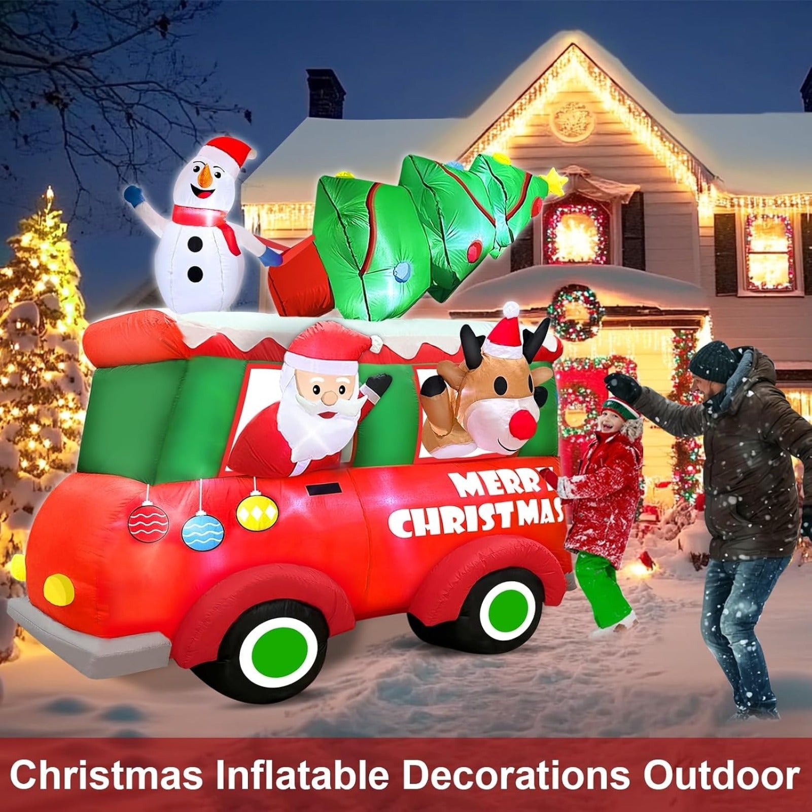 8FT Giant Christmas Inflatable Truck with Santa, Snowman, Reindeer and Christmas Tree, Built-in LED Lighted Blow Up Outdoor Decoration for Yard Lawn Garden Holiday Display