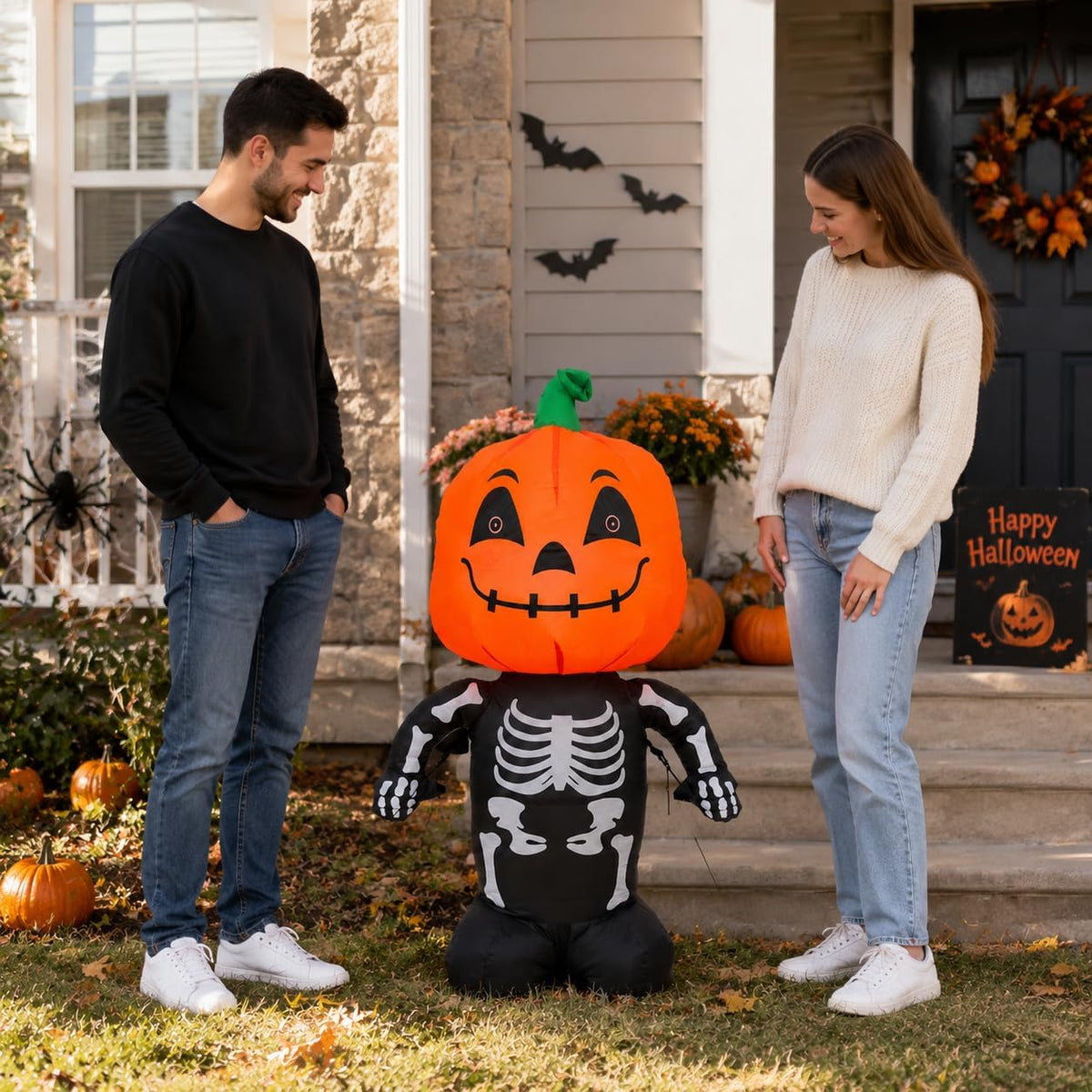 122 cm Halloween-Deko: Aufblasbarer Totenkopf-Kürbis mit LED-Beleuchtung