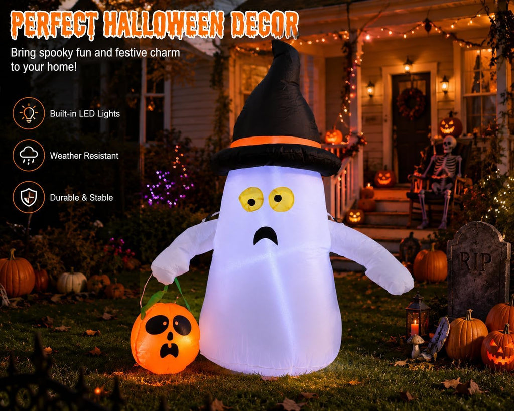 4FT Halloween Inflatable Ghost Holding Pumpkin Lantern with LED Lights