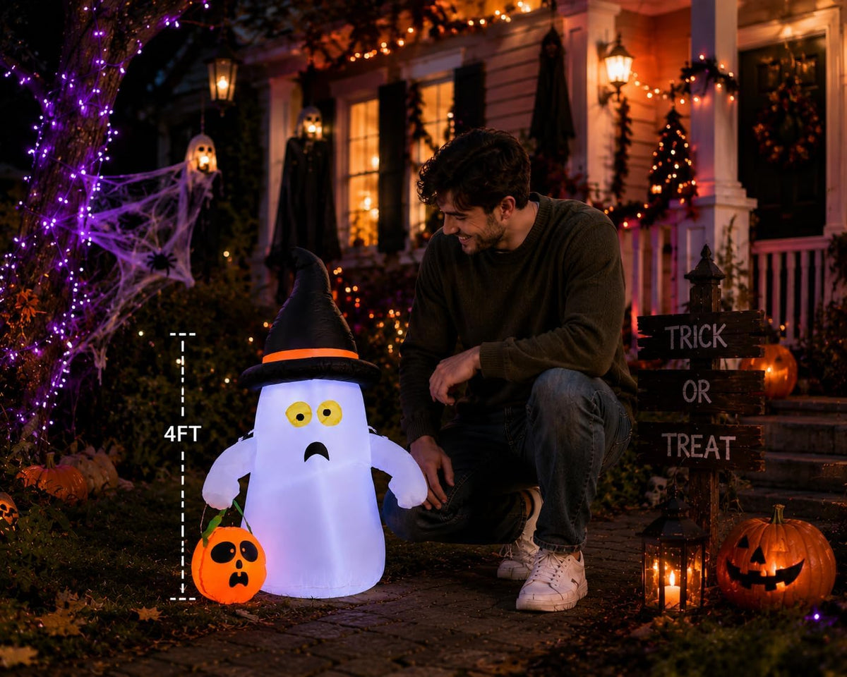 1,20 m großes aufblasbares Halloween-Gespenst mit Kürbislaterne und LED-Beleuchtung