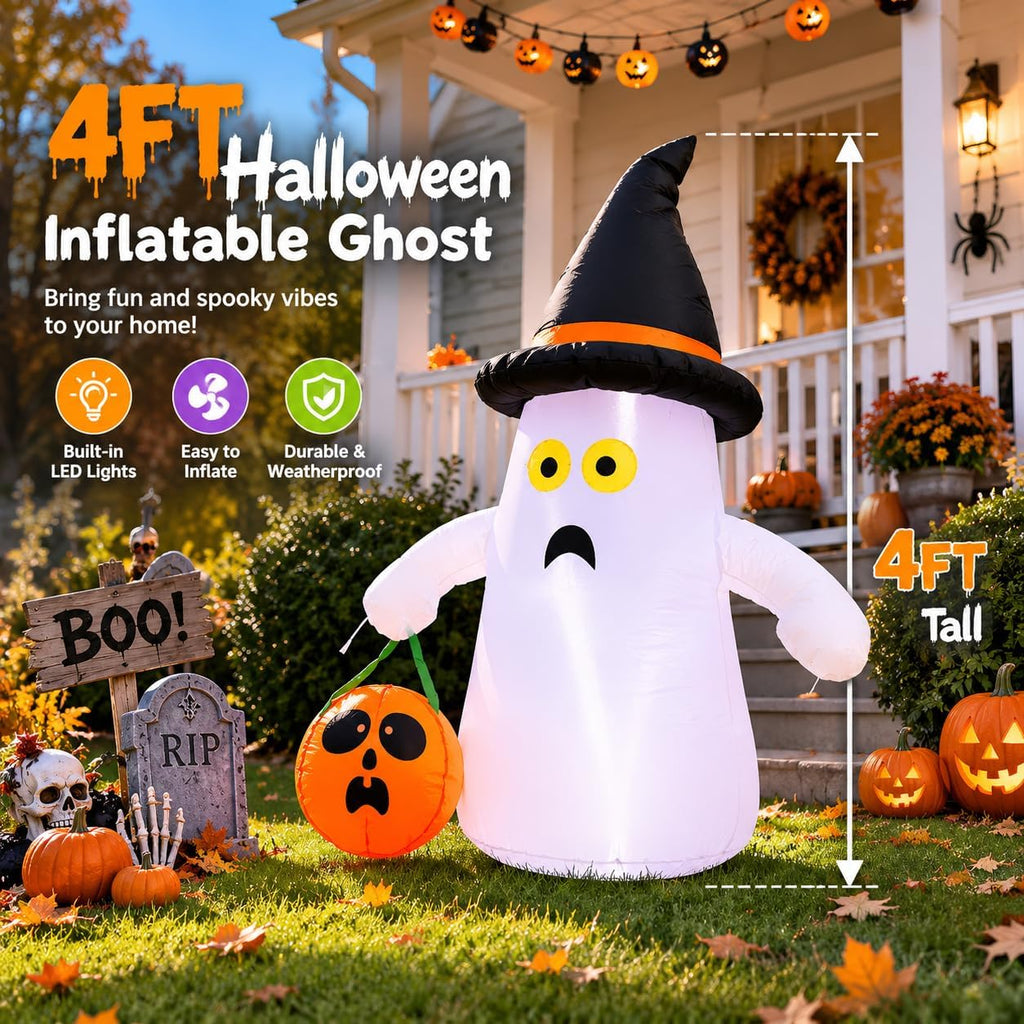 4FT Halloween Inflatable Ghost Holding Pumpkin Lantern with LED Lights