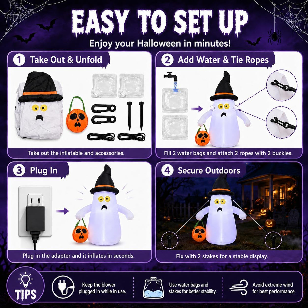 4FT Halloween Inflatable Ghost Holding Pumpkin Lantern with LED Lights