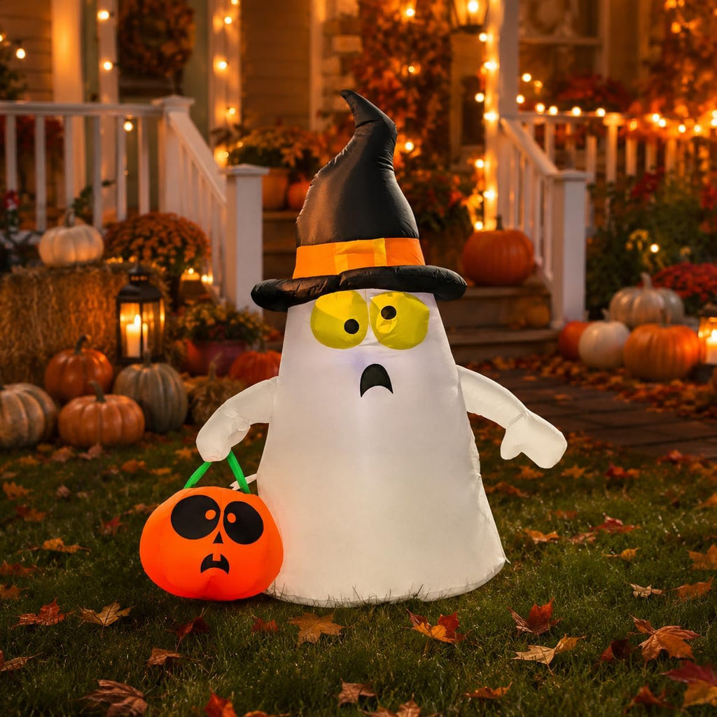 4FT Halloween Inflatable Ghost Holding Pumpkin Lantern with LED Lights