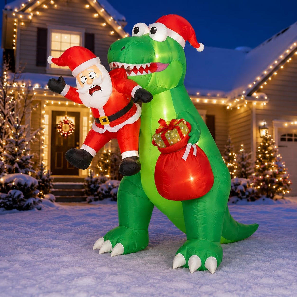 1,80 m aufblasbarer Weihnachts-Dinosaurier mit Weihnachtsmann
