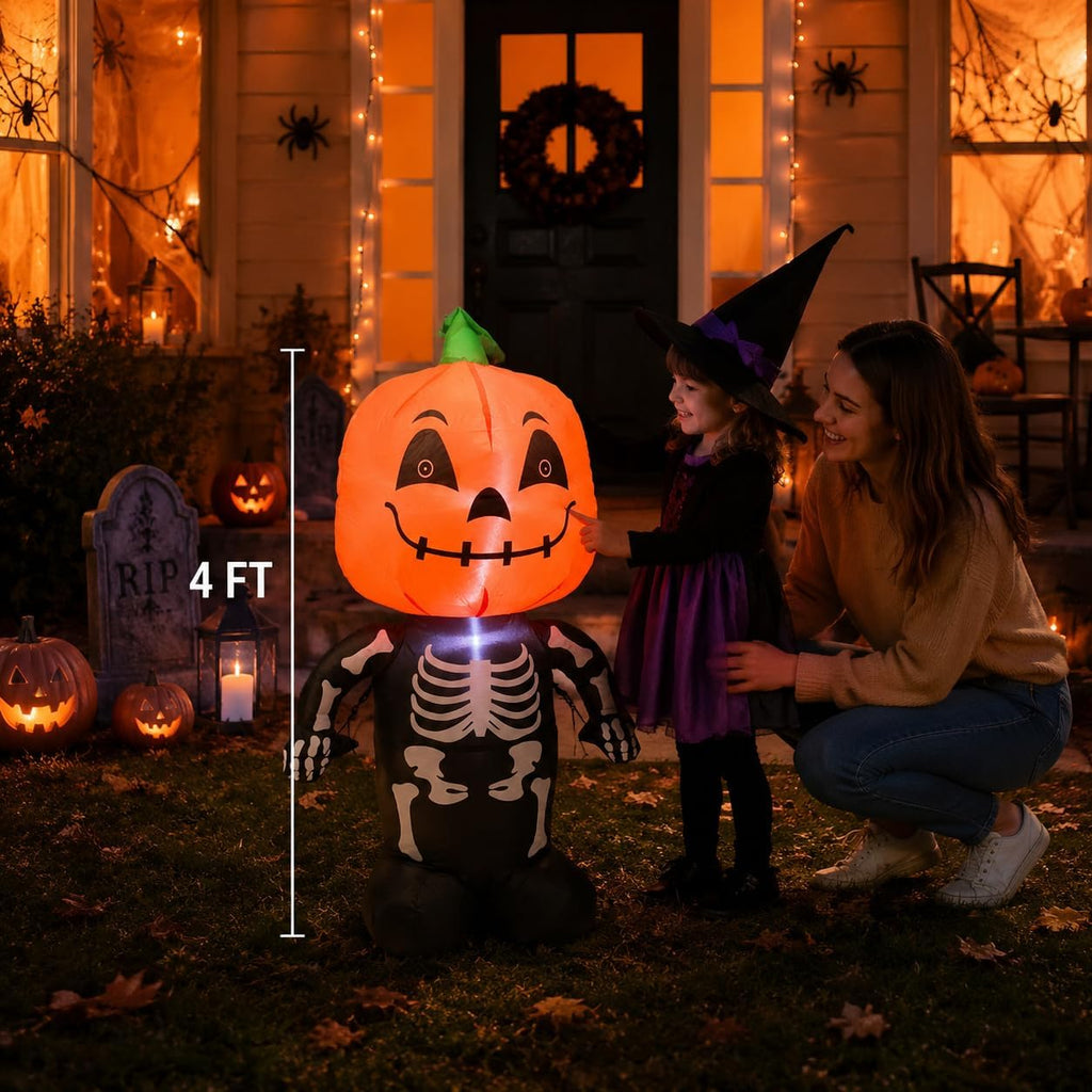 4FT Halloween Inflatable Skull Pumpkin Decoration with LED Lights