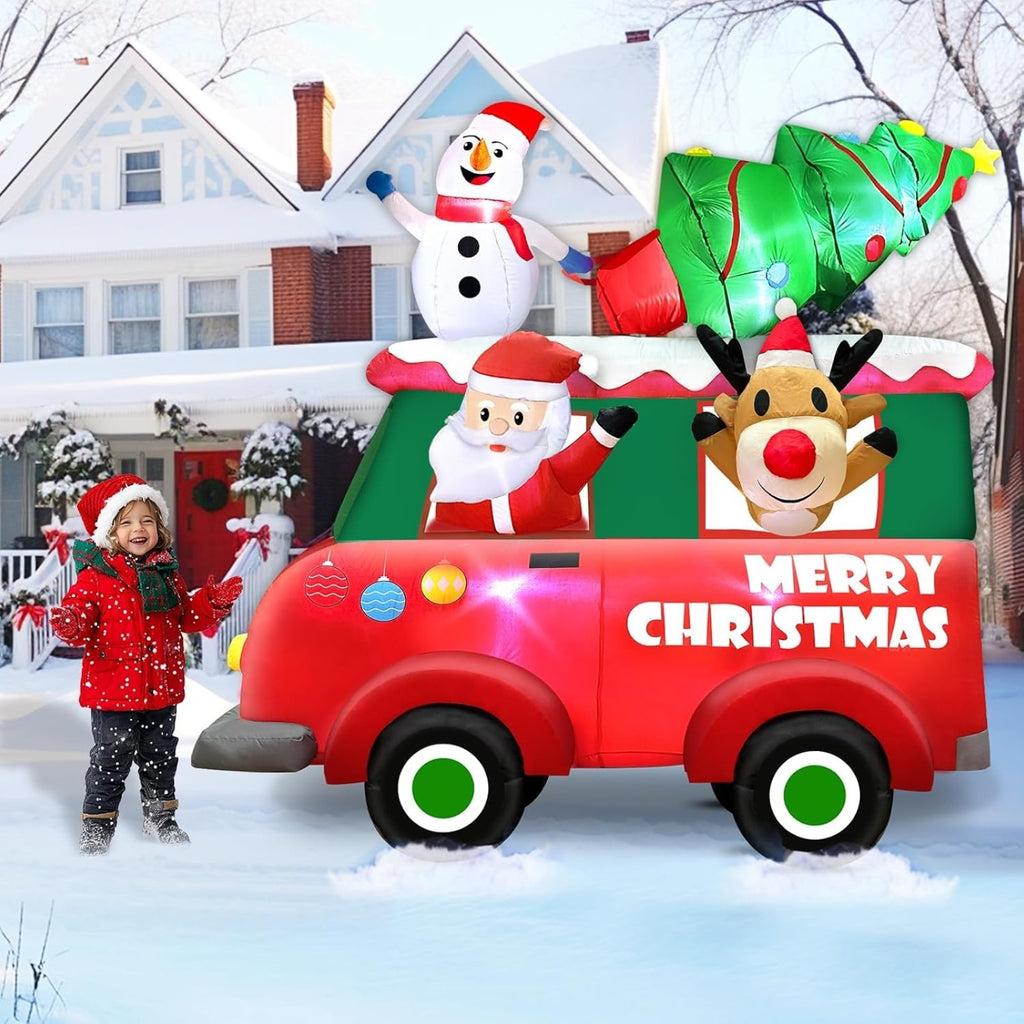 8FT Giant Christmas Inflatable Truck with Santa, Snowman, Reindeer and Christmas Tree, Built-in LED Lighted Blow Up Outdoor Decoration for Yard Lawn Garden Holiday Display
