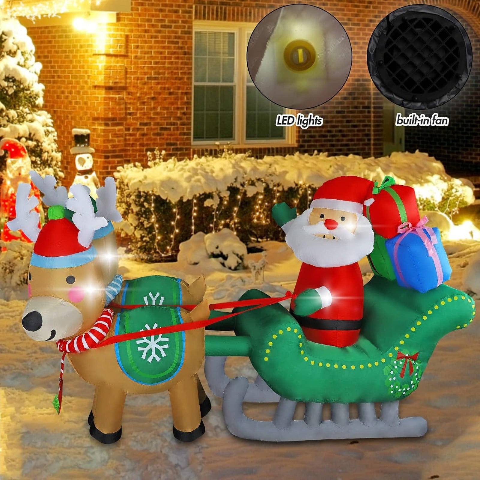 6.7FT Christmas Inflatable Santa Sleigh with Two Reindeer and Gift Boxes, Built-in LED Lighted Blow Up Decoration for Yard Lawn Garden Outdoor Holiday Display
