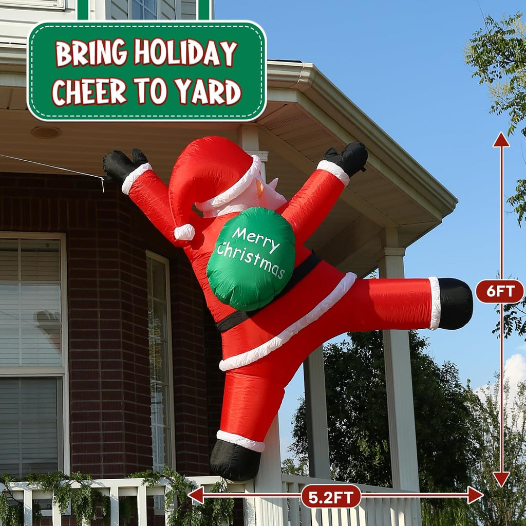 6FT Christmas Hanging Inflatable Santa Claus with Gift Bag and Built-in LED Lights, Blow Up Roof Decoration for Indoor Outdoor Yard Lawn Party Decor