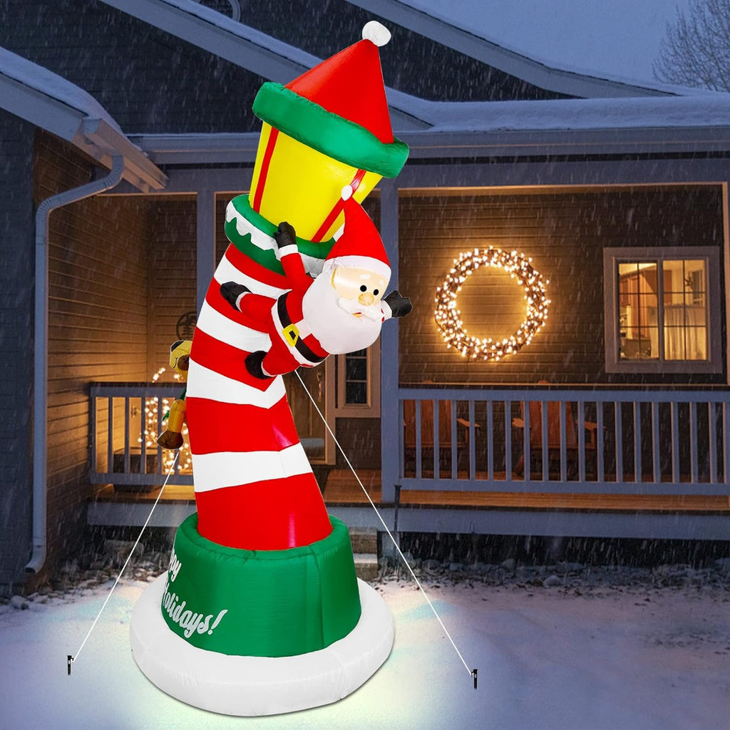 9FT Giant Christmas Inflatable Lighthouse with Santa and Reindeer, Built-in LED Lighted Blow Up Yard Decoration with Drawstring Sandbags for Stable Outdoor Lawn Garden Holiday Display