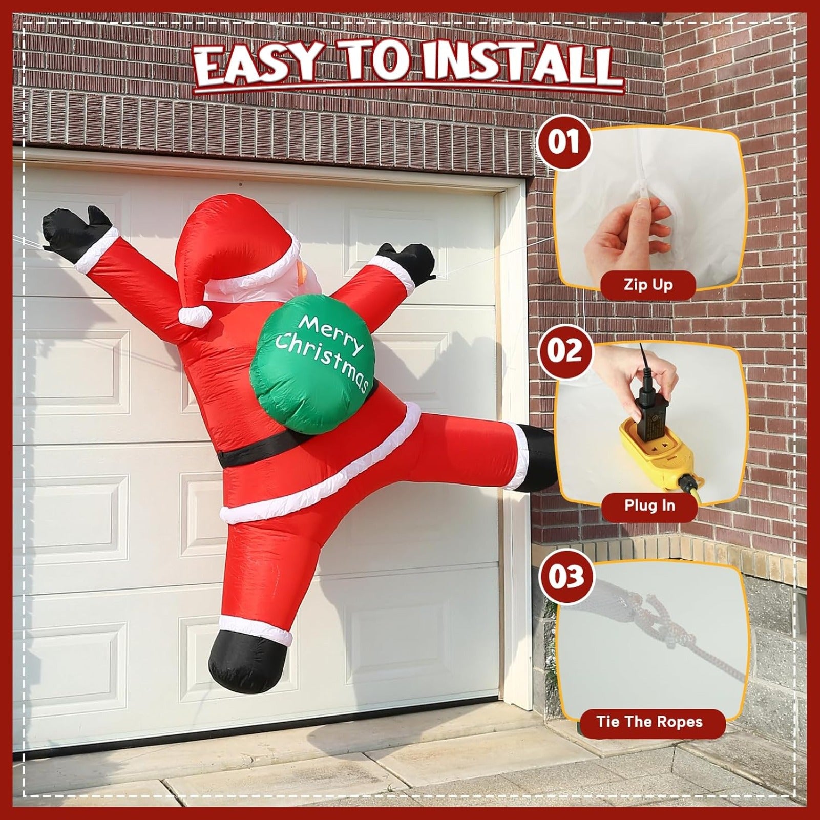 6FT Christmas Hanging Inflatable Santa Claus with Gift Bag and Built-in LED Lights, Blow Up Roof Decoration for Indoor Outdoor Yard Lawn Party Decor