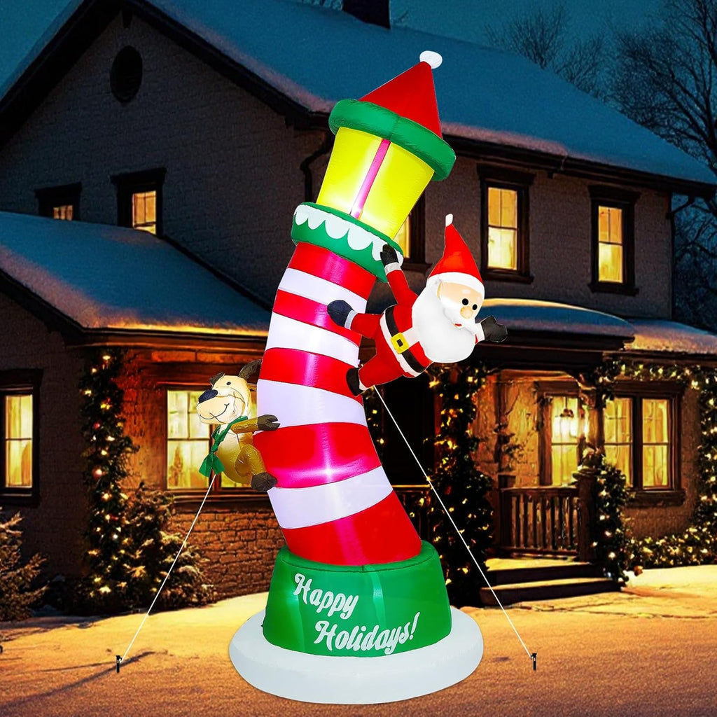 9FT Giant Christmas Inflatable Lighthouse with Santa and Reindeer, Built-in LED Lighted Blow Up Yard Decoration with Drawstring Sandbags for Stable Outdoor Lawn Garden Holiday Display