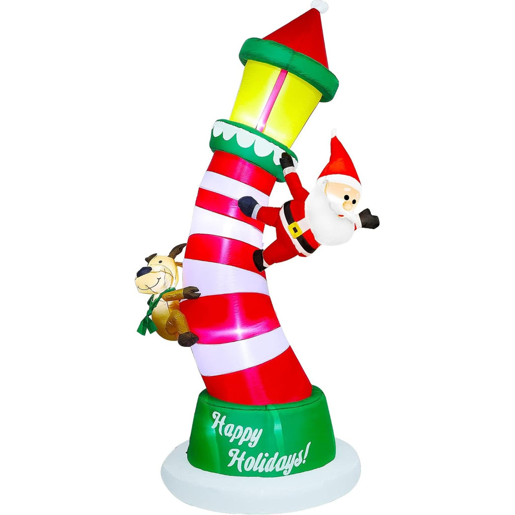 9FT Giant Christmas Inflatable Lighthouse with Santa and Reindeer, Built-in LED Lighted Blow Up Yard Decoration with Drawstring Sandbags for Stable Outdoor Lawn Garden Holiday Display