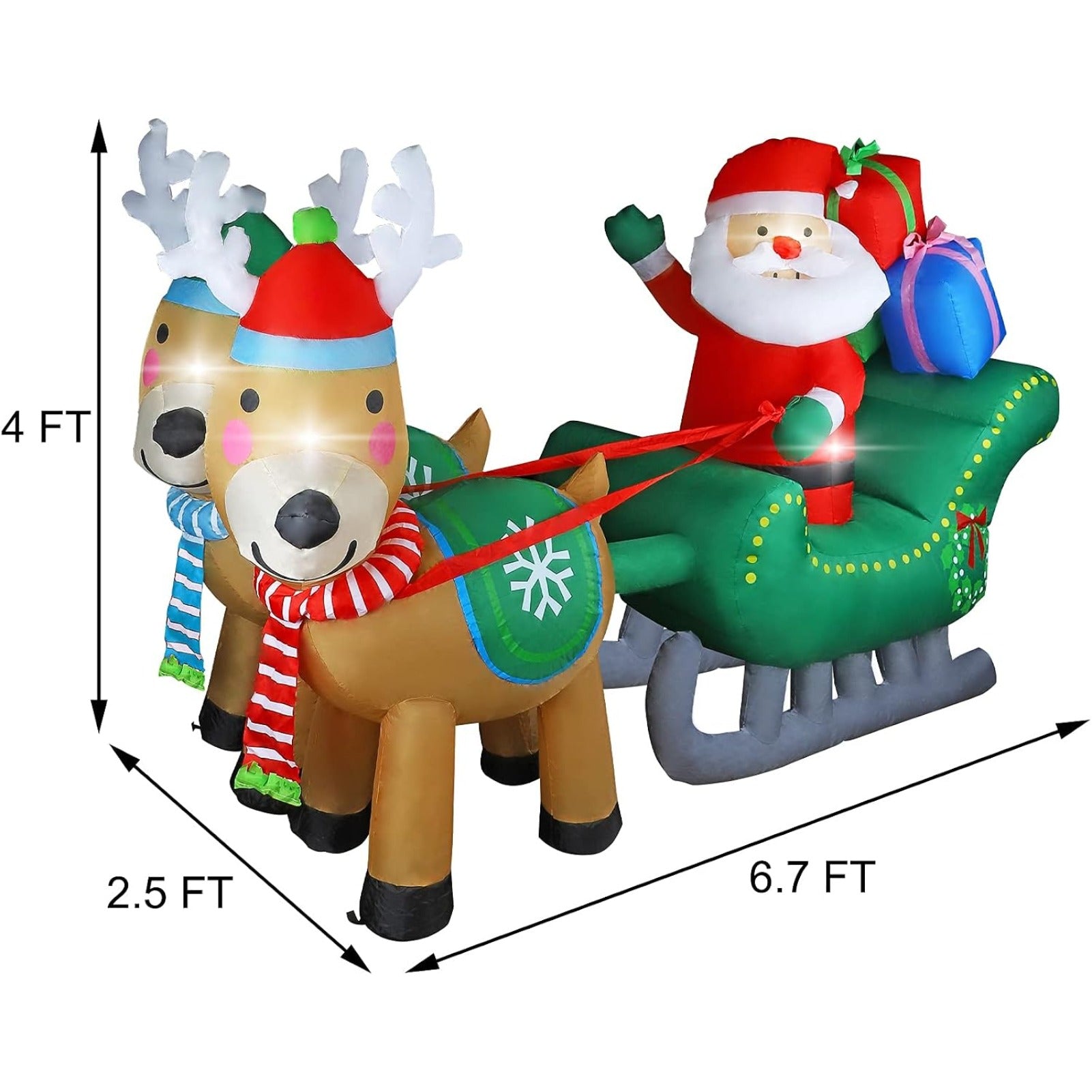 6.7FT Christmas Inflatable Santa Sleigh with Two Reindeer and Gift Boxes, Built-in LED Lighted Blow Up Decoration for Yard Lawn Garden Outdoor Holiday Display